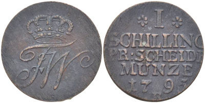 Польша, Восточная Пруссия 1 шиллинг 1795 Е, ФРИДРИХ ВИЛЬГЕЛЬМ II (1786-1797), ПРУССКИЙ ВЫПУСК, ВЕС 2,432 ГР., МОНДВОР КЁНИГСБЕРГ KM 50, Olding 23 Jaeger 18a медь 1517-1135