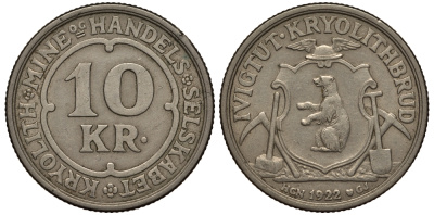 Гренландия 10 крон 1922 криолитовые шахты KM Tn49 медно-никель 1527-714
