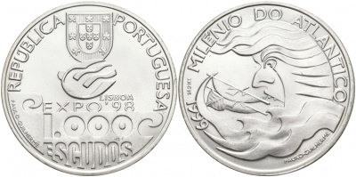 Португалия 1000 эскудо 1999 1000 лет плаванию по Атлантике, EXPO 98 KM 721 серебро UNC 1081-6-31