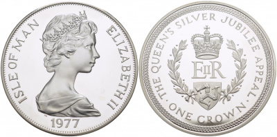 Остров Мэн 1 крона 1977 Серебряный юбилей правления королевы Елизаветы II KM 42а серебро PROOF 1082-2-23