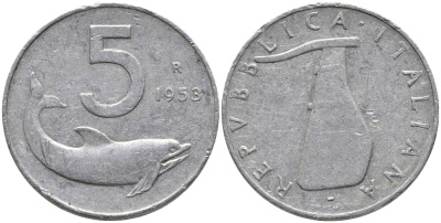 Италия 5 лир 1953 R, дельфин, плуг KM 922 алюминий 89-524