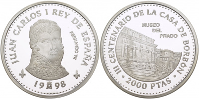 Испания 2000 песет 1998 серия 300 лет дому Бурбонов, музей Прадо, бюст Фердинанда VII KM 1036 серебро  PROOF  11-255-14
