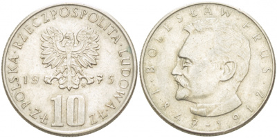 Польша 10 злотых 1975 MW, Болеслав Прус KM 73, Parchimowicz 242a медно-никель 77-734