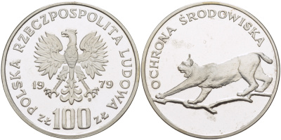 Польша 100 злотых 1979 MW, серия охрана окружающей среды, рысь KM 104, Parchimowicz 286 серебро PROOF 1085-1-23