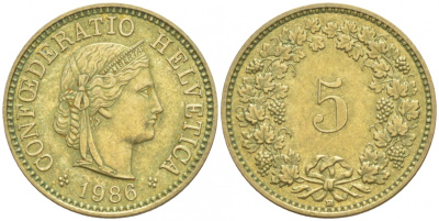 ШВЕЙЦАРИЯ 5 РАППЕНОВ 1986 В KM 26с алюминий латунь 4549-348