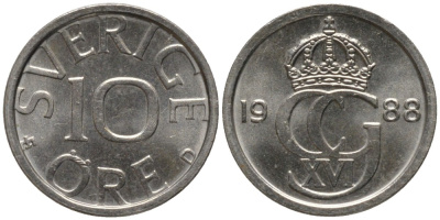 Швеция 10 эре 1988 Карл XVI Густав (1973- ) KM 850 медно-никель 116-467