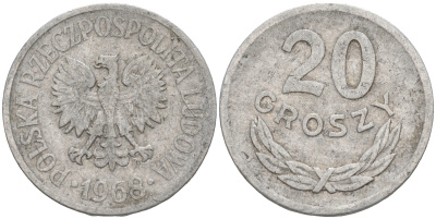 ПОЛЬША 20 ГРОШЕЙ 1968 MW KM A47 алюминий VF 188-331
