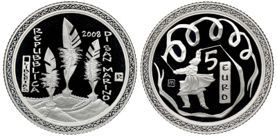 Сан-Марино 5 евро 2008 Олимпиада в Пекине, танец с лентами, в коробке с сертификатом KM 513 серебро PROOF 2-4-2-12