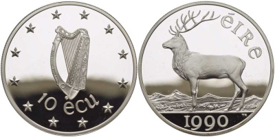 Ирландия 10 экю 1990 северный олень, диаметр 37,5 мм., вес 28 гр.  серебро  PROOF  1080-4-32