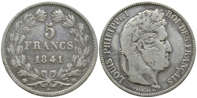 Франция 5 франков 1841 BB, Луи Филипп I (1830-1848) KM 749.3 серебро 1066-7-64