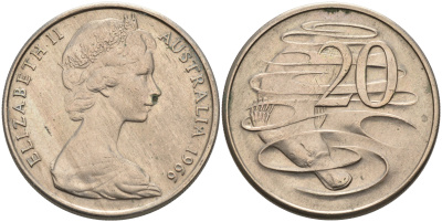 Австралия 20 центов 1966 Елизавета II (1952-2022), утконос KM 66 медно-никель 4565-816