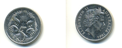 АВСТРАЛИЯ 5 ЦЕНТОВ 2004 ЕЛИЗАВЕТА II, ТРЕТИЙ ПОРТРЕТ, ЕХИДНА KM 401 медно-никель 3999-255