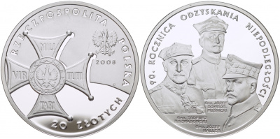 Польша 20 злотых 2008 90 лет восстановления независимости Польши KM 651 серебро PROOF 1077-9-54