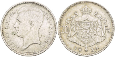 Бельгия 20 франков 1934 Альберт I (1909-1934), Der Belgen KM 104.1 серебро 4536-832