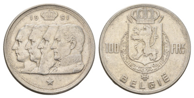 Бельгия 100 франков 1951 Бодуэн I (1951-1993), Belgiqe KM 139 серебро 1519-1234