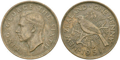 Новая Зеландия 1 пенни 1951 Георг VI (1936-1952), новозеландский туи KM 21 бронза 4536-334