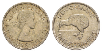 Новая Зеландия 1 флорин = 2 шиллинга 1965 Елизавета II (1952-2022), птичка киви KM 28.2 медно-никель UNC 4650-817