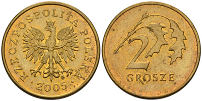 Польша 2 гроша 2005 MW KM 277, Parchimowicz 702l латунь 4580-526