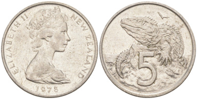 Новая Зеландия 5 центов 1978 Елизавета II (1952-2022), ящерица гаттерия KM 34.1 медно-никель 186-527