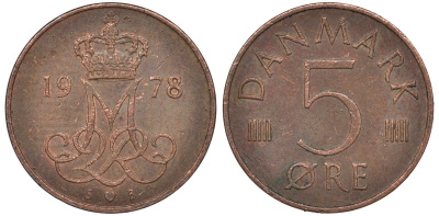 Дания 5 эре 1978 Маргрете II (1972- ) KM 859 железо плакированное медью 4124-631