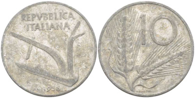 ИТАЛИЯ 10 ЛИР 1956 R, ПЛУГ, КОЛОСЬЯ KM 93 алюминий 175-413