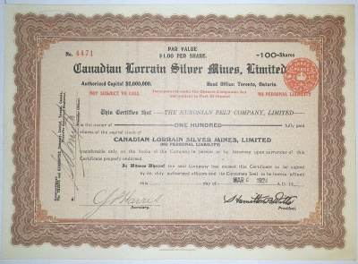 Канада, Canadian Lorrain Silver Mines, Limited 100 акций 1924 Торонто бумага 81-96