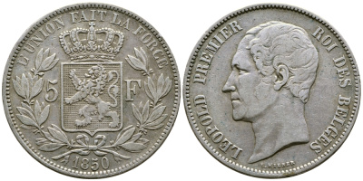 Бельгия 5 франков 1850 Леопольд I (1831-1865) KM 17 серебро 74-1135