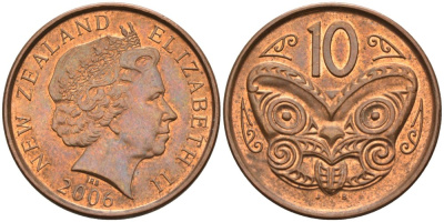 Новая Зеландия 10 центов 2006 Елизавета II (1952-2022), маска маори KM 117а сталь плакированная медью 106-932
