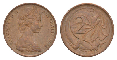 Австралия 2 цента 1974 Елизавета II (1952-2022), плащеносная ящерица KM 63 бронза 4580-463