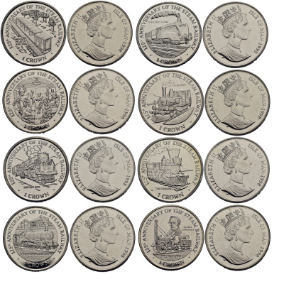 Остров Мэн 1 крона 1998 125 лет железным дорогам, коллекция из восьми монет КМ 872, 874, 876 ,878, 880, 882, 884, 886 медно-никель UNC M56-15