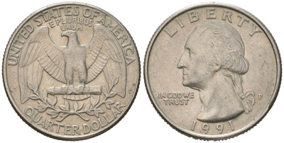 США 25 центов = квотер = 1/4 доллара 1991 P, Джордж Вашингтон KM 164a медь плакированная медно-никелем 216-726