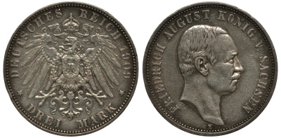 Саксония 3 марки 1909 Е, Фридрих Август III (1904-1918) Weege 132, J. 135, KM 1267 серебро 3711-1325