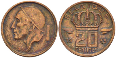 БЕЛЬГИЯ 20 САНТИМОВ 1959 BELGIQUE KM 146 бронза 4528-918