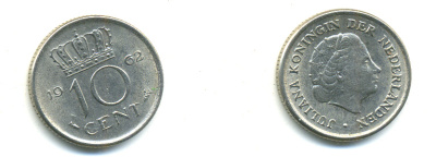 НИДЕРЛАНДЫ 10 ЦЕНТОВ 1962 ЮЛИАНА KM 182 никель 83-963