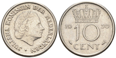 Нидерланды 10 центов 1950 Юлиана (1948-1980) KM 182 никель 4585-532