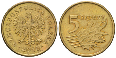 Польша 5 грошей 2010 MW KM 278 латунь UNC 4532-128