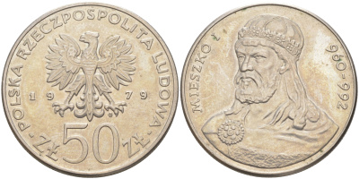 ПОЛЬША 50 ЗЛОТЫХ 1979 MW, СЕРИЯ ПОЛЬСКИЕ КОРОЛИ, МЕШКО I (960-992) KM 100 медно-никель UNC 4111-326