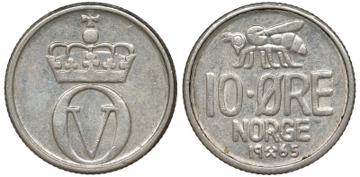 Норвегия 10 эре 1965 пчела KM 411 медно-никель 51-2852