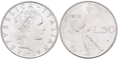 ИТАЛИЯ 50 ЛИР 1972 R, КУЗНЕЦ, ВУЛКАН БОГ ОГНЯ, ДИАМЕТР 25 ММ. KM 95.1 нержавеющая сталь 117-1033