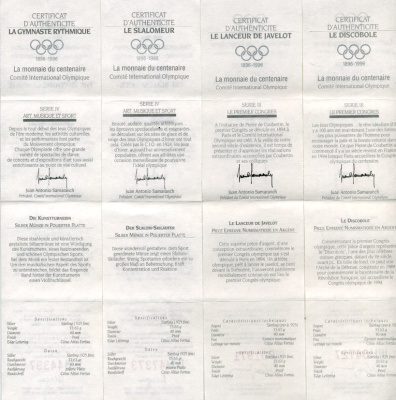 Австралия, Греция, Австрия, Франция, Канада набор из 10 монет 1996 100 лет Олимпийскому комитету (1896-1996), в оригинальной коробке с сертификатами KM 218, 219, 3026, 3027, 215, 216, 1047, 1048, 165, 166 серебро PROOF 14-01-03-26