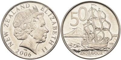 Новая Зеландия 50 центов 2006 Елизавета II (1952-2022), парусник Индевор KM 119а никелированная сталь 4579-1043