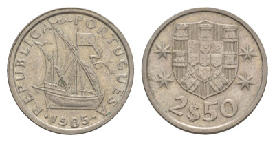Португалия 2,5 эскудо 1985 парусник KM 590 медно-никель aUNC 4632-327