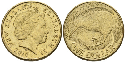 Новая Зеландия 1 доллар 2010 Елизавета II (1952-2022), птица киви  KM 120 алюминиевая бронза 57-114