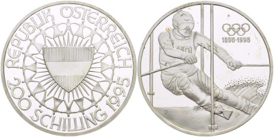 Австрия 200 шиллингов 1995 100 лет Олимпийским играм, слалом KM 3027 серебро PROOF 1085-6-32