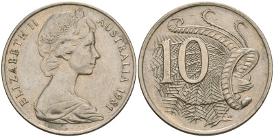 Австралия 10 центов 1981 Елизавета II (1952-), птица лирахвост KM 65 медно-никель 4364-2011