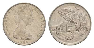 Новая Зеландия 5 центов 1980 Елизавета II (1952-2022), ящерица гаттерия KM 34.1 медно-никель 4655-1159