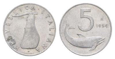 Италия 5 лир 1954 R, плуг, дельфин KM 92 алюминий 4547-1063