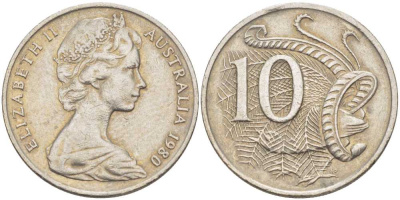 Австралия 10 центов 1980 Елизавета II (1952-), птица лирахвост KM 65 медно-никель 4382-1234