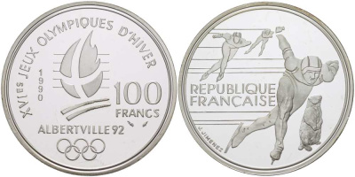 Франция 100 франков 1990 XVI Зимние Олимпийские игры 1992 в Альбервиле, конькобежный спорт KM 980 серебро PROOF 1074-9-44