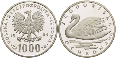 Польша 1000 злотых 1984 MW, серия охрана окружающей среды, лебедь, PROBA, тираж 5700 экземпляров KM Pr 509, Parchimowicz P.479a серебро PROOF 1085-2-15